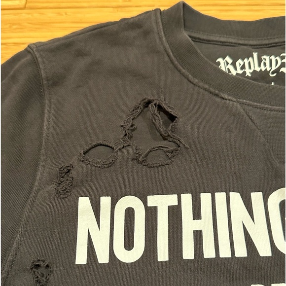 Replay Ripped Patched  Crewneck Sweatshirt Black/Grey Size Medium - Picture 7 of 11